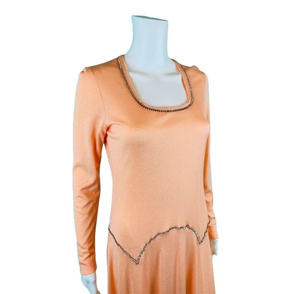 Vintage 70s Formal Gown Women's Small Rhinestone Trim Peach Long Sleeve Dress - Picture 5 of 10